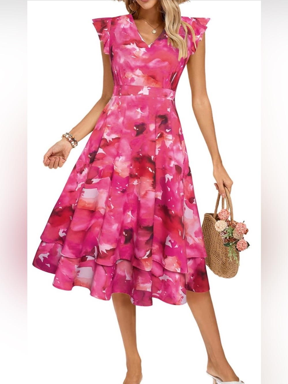 Kate’s Kasin | Pink & Red Floral Ruffle Sleeve V-Neck Tiered Midi Dress Large NW